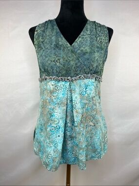 Wind River Boho Floral Batik Empire Waist Tank Top Ruffle Trim Size Small